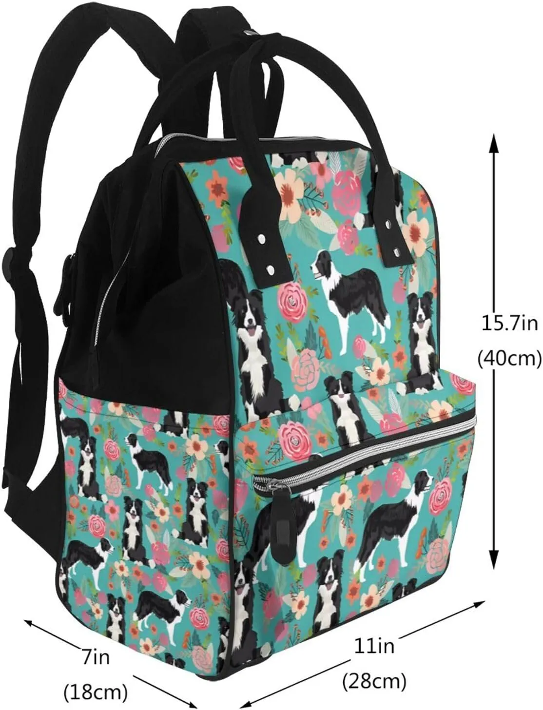 Diaper Bag Nappy Backpack Baby Bag Ocean Shark Mummy Backpack Multifunction Changing Bags for Travel, Border Collie Florals, One Size