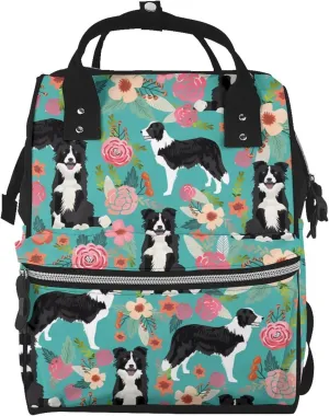 Diaper Bag Nappy Backpack Baby Bag Ocean Shark Mummy Backpack Multifunction Changing Bags for Travel, Border Collie Florals, One Size