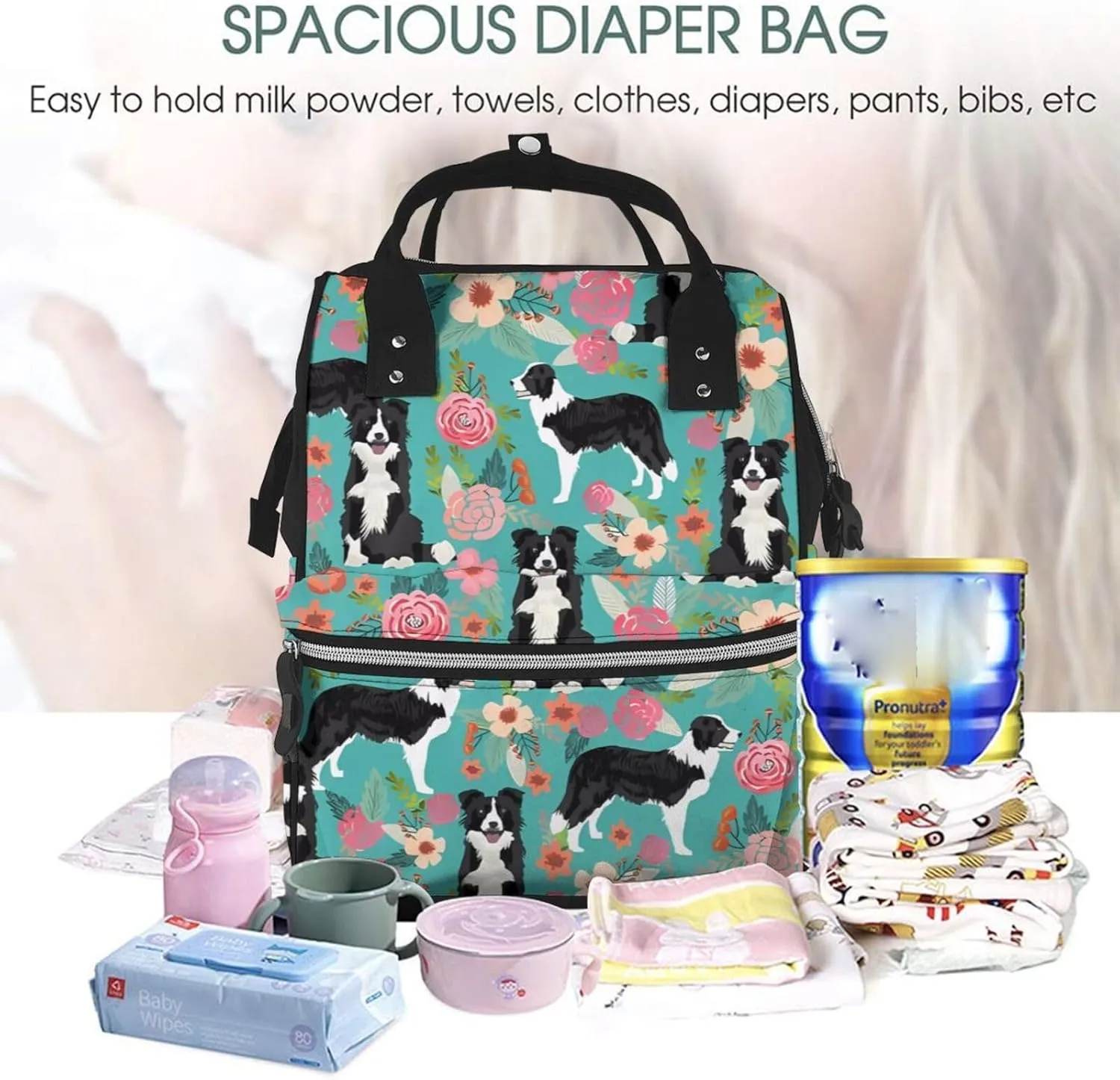 Diaper Bag Nappy Backpack Baby Bag Ocean Shark Mummy Backpack Multifunction Changing Bags for Travel, Border Collie Florals, One Size