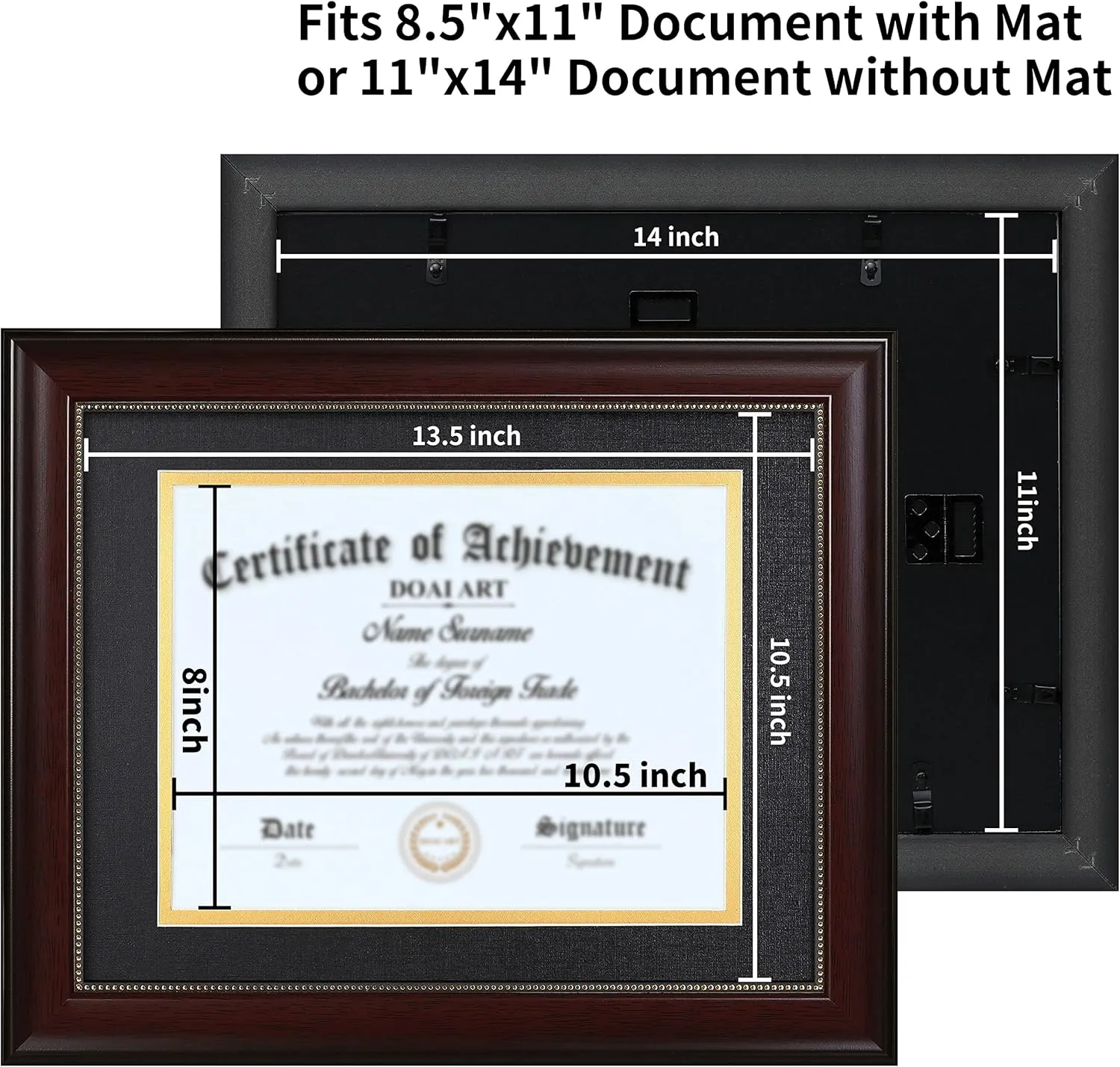 DOAI ART 8.5 x 11 Diploma Frame Classic Mahogany Display 8.5x11-inch with Black Over Gold Mat or 11x14 Document &Certificate Without Mat, Gold Beads Hanging Hardware Included, Tabletop