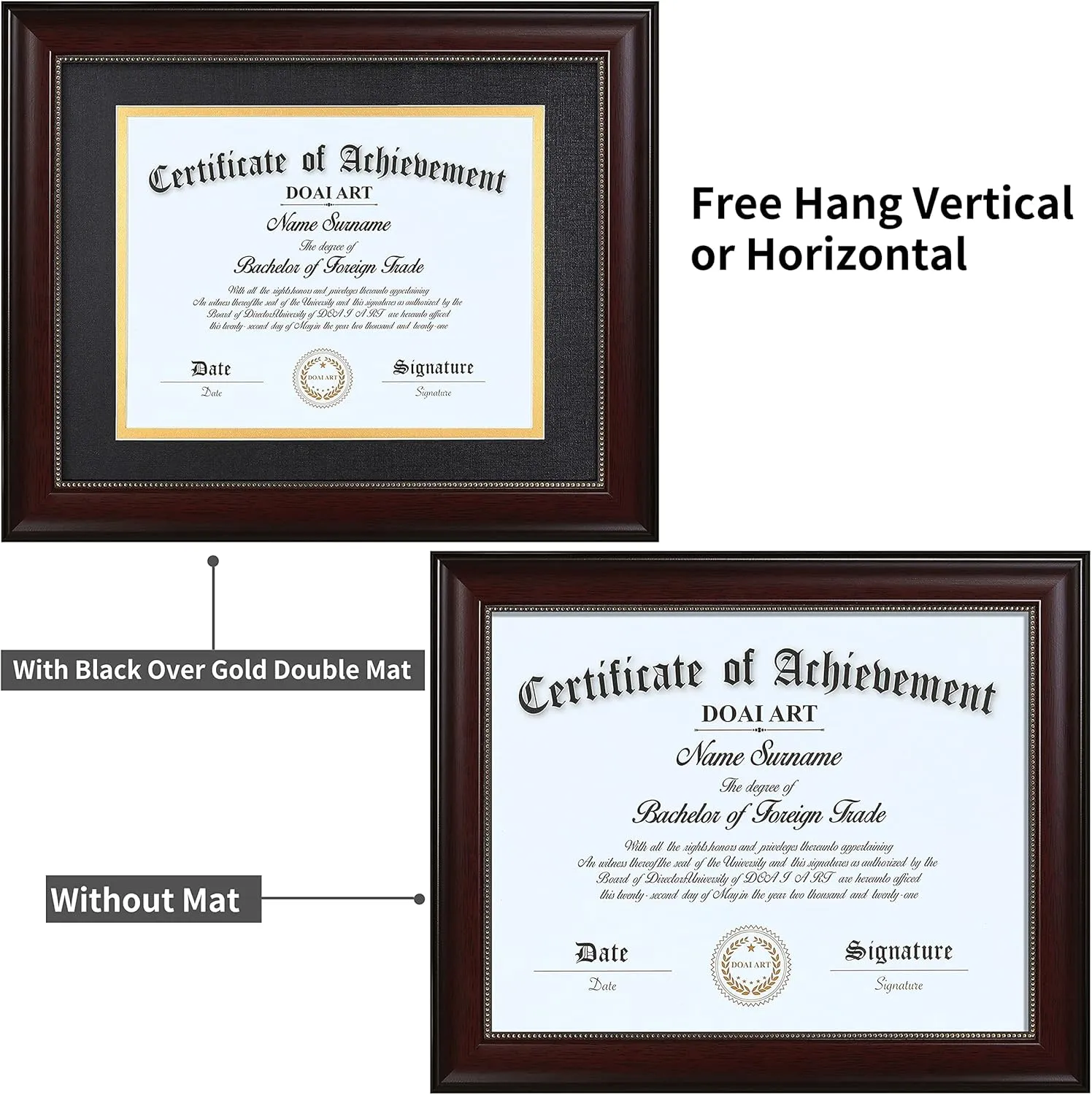 DOAI ART 8.5 x 11 Diploma Frame Classic Mahogany Display 8.5x11-inch with Black Over Gold Mat or 11x14 Document &Certificate Without Mat, Gold Beads Hanging Hardware Included, Tabletop