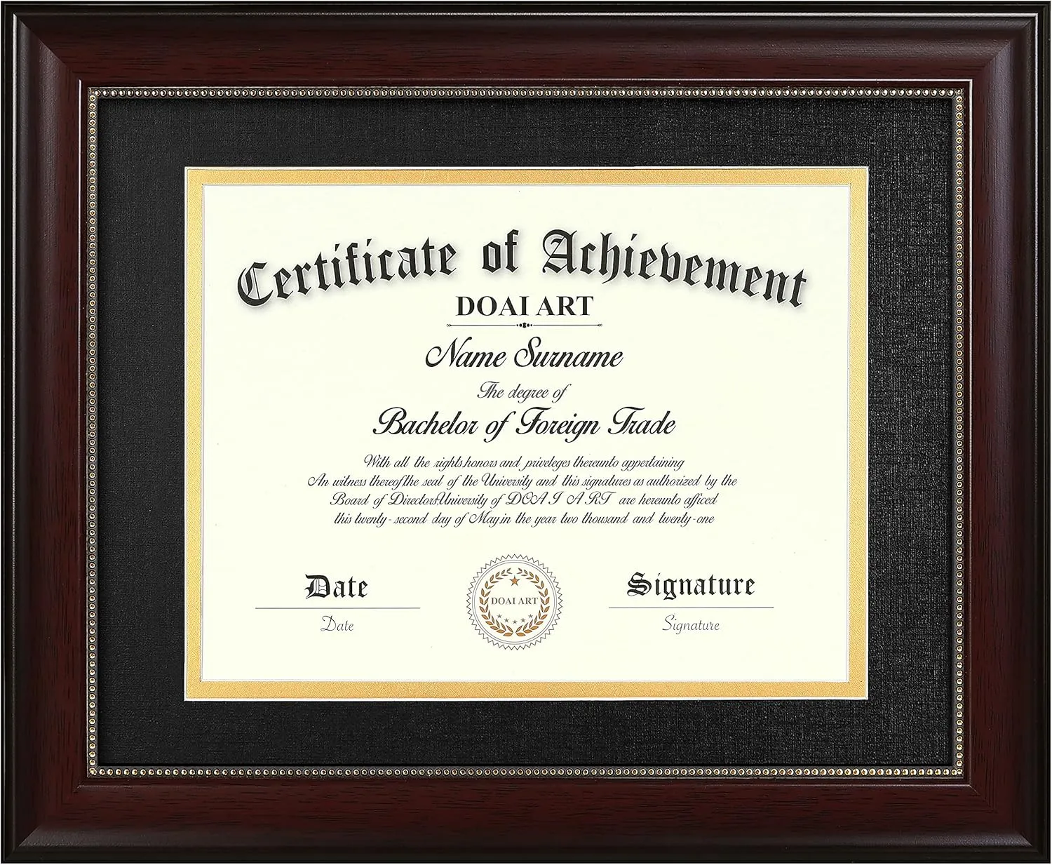 DOAI ART 8.5 x 11 Diploma Frame Classic Mahogany Display 8.5x11-inch with Black Over Gold Mat or 11x14 Document &Certificate Without Mat, Gold Beads Hanging Hardware Included, Tabletop