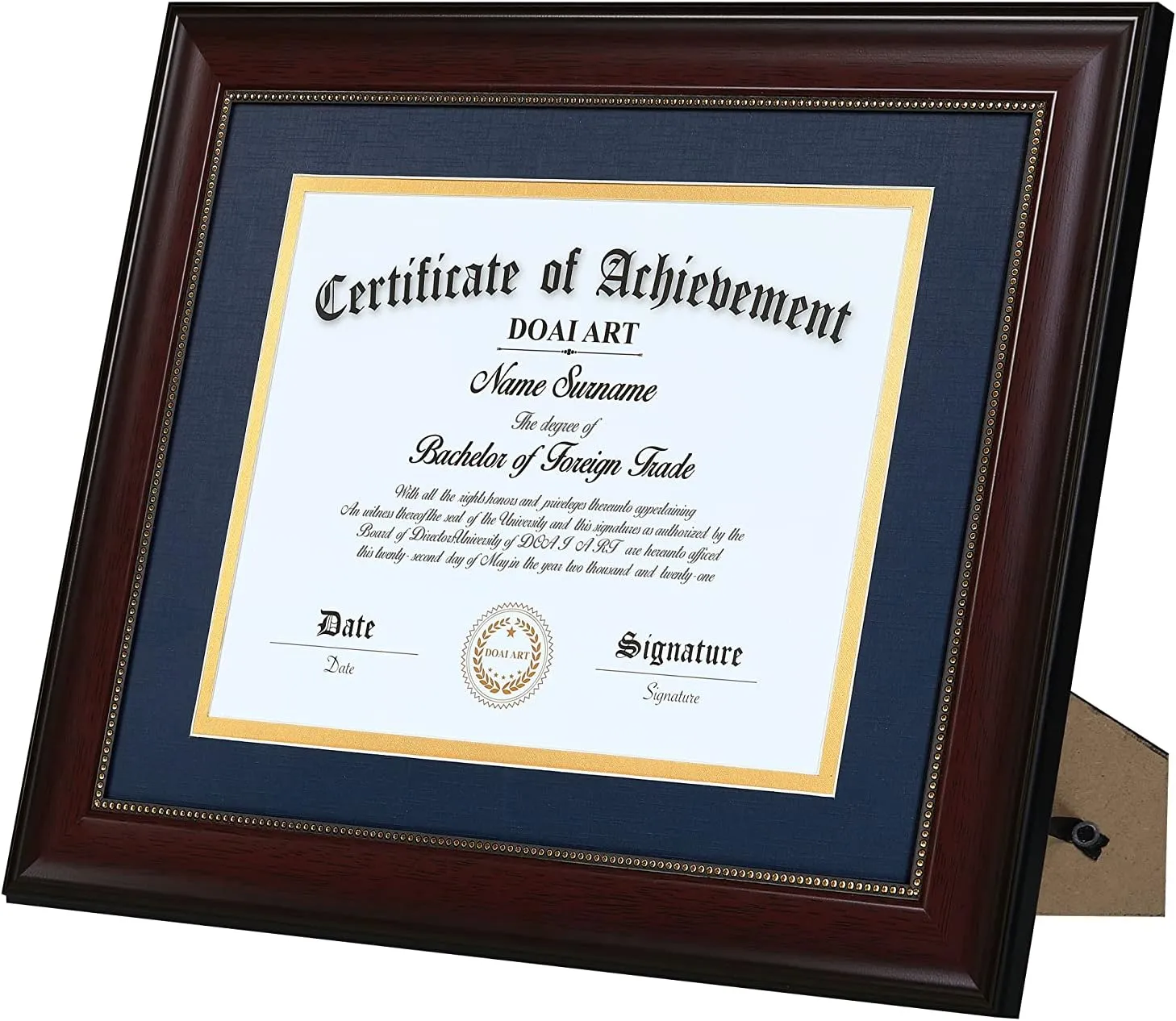 DOAI ART 8.5 x 11 Diploma Frame Classic Mahogany Display 8.5x11-inch with Blue Over Gold Mat or 11x14 Document &Certificate Without Mat,Wide Molding, Gold Beads Hanging Hardware Included, Tabletop