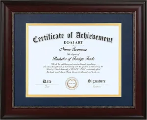 DOAI ART 8.5 x 11 Diploma Frame Classic Mahogany Display 8.5x11-inch with Blue Over Gold Mat or 11x14 Document &Certificate Without Mat,Wide Molding, Gold Beads Hanging Hardware Included, Tabletop