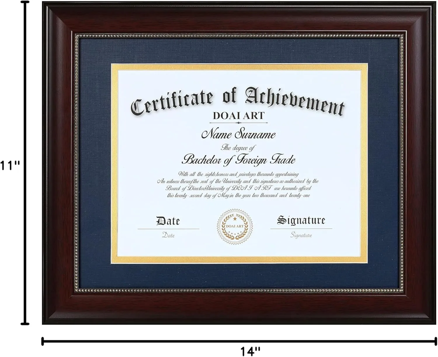 DOAI ART 8.5 x 11 Diploma Frame Classic Mahogany Display 8.5x11-inch with Blue Over Gold Mat or 11x14 Document &Certificate Without Mat,Wide Molding, Gold Beads Hanging Hardware Included, Tabletop