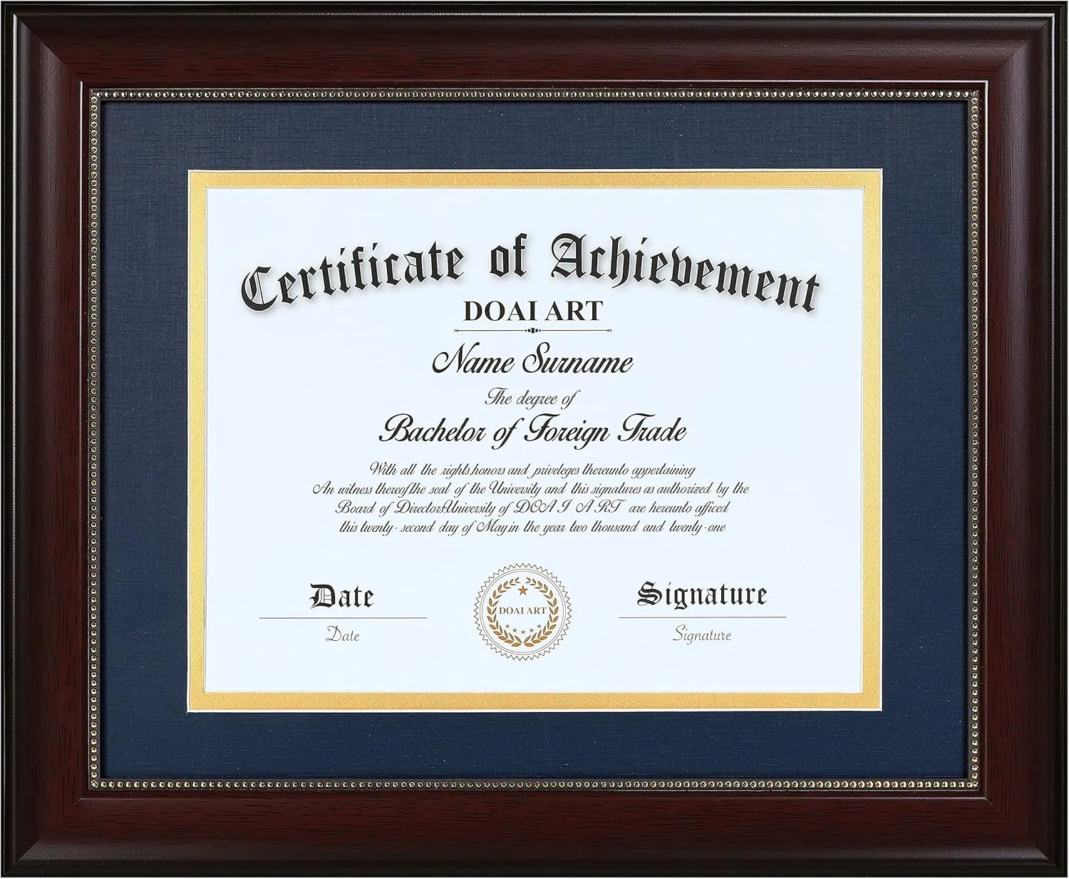 DOAI ART 8.5 x 11 Diploma Frame Classic Mahogany Display 8.5x11-inch with Blue Over Gold Mat or 11x14 Document &Certificate Without Mat,Wide Molding, Gold Beads Hanging Hardware Included, Tabletop