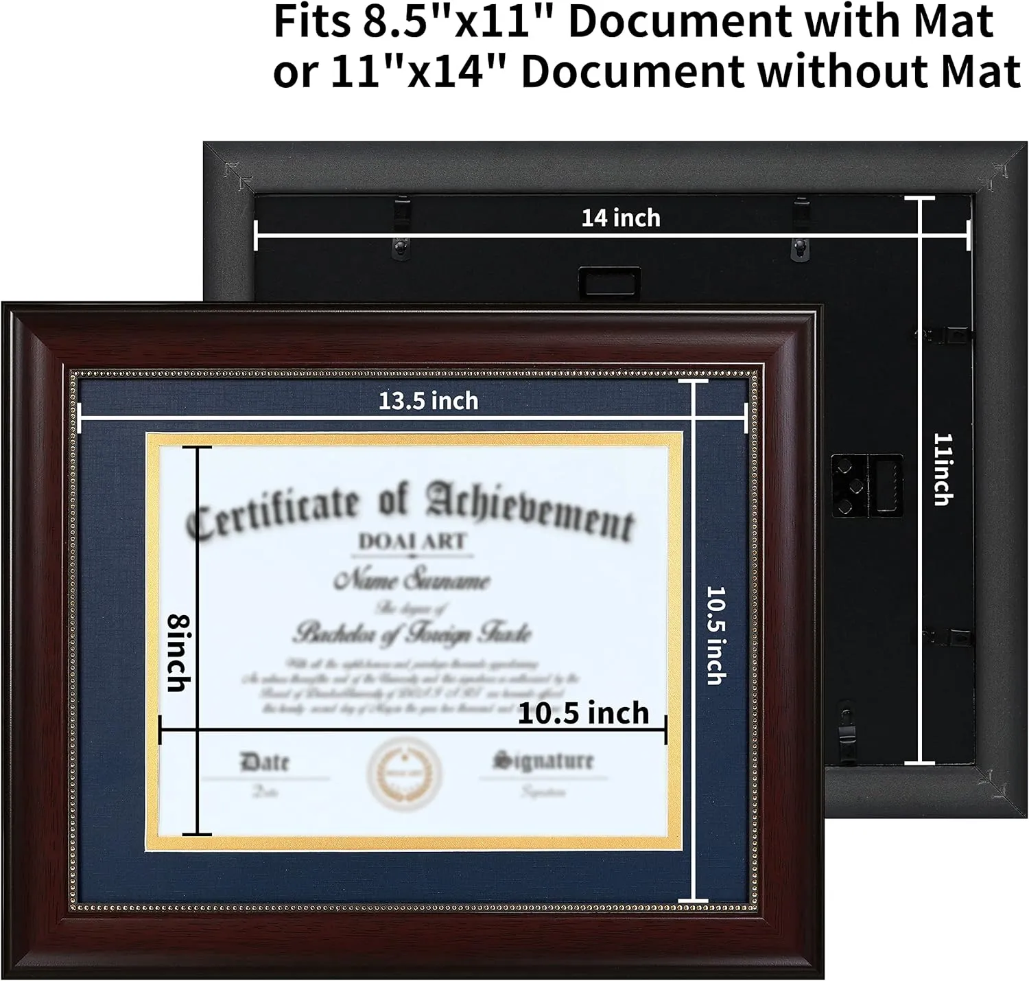 DOAI ART 8.5 x 11 Diploma Frame Classic Mahogany Display 8.5x11-inch with Blue Over Gold Mat or 11x14 Document &Certificate Without Mat,Wide Molding, Gold Beads Hanging Hardware Included, Tabletop