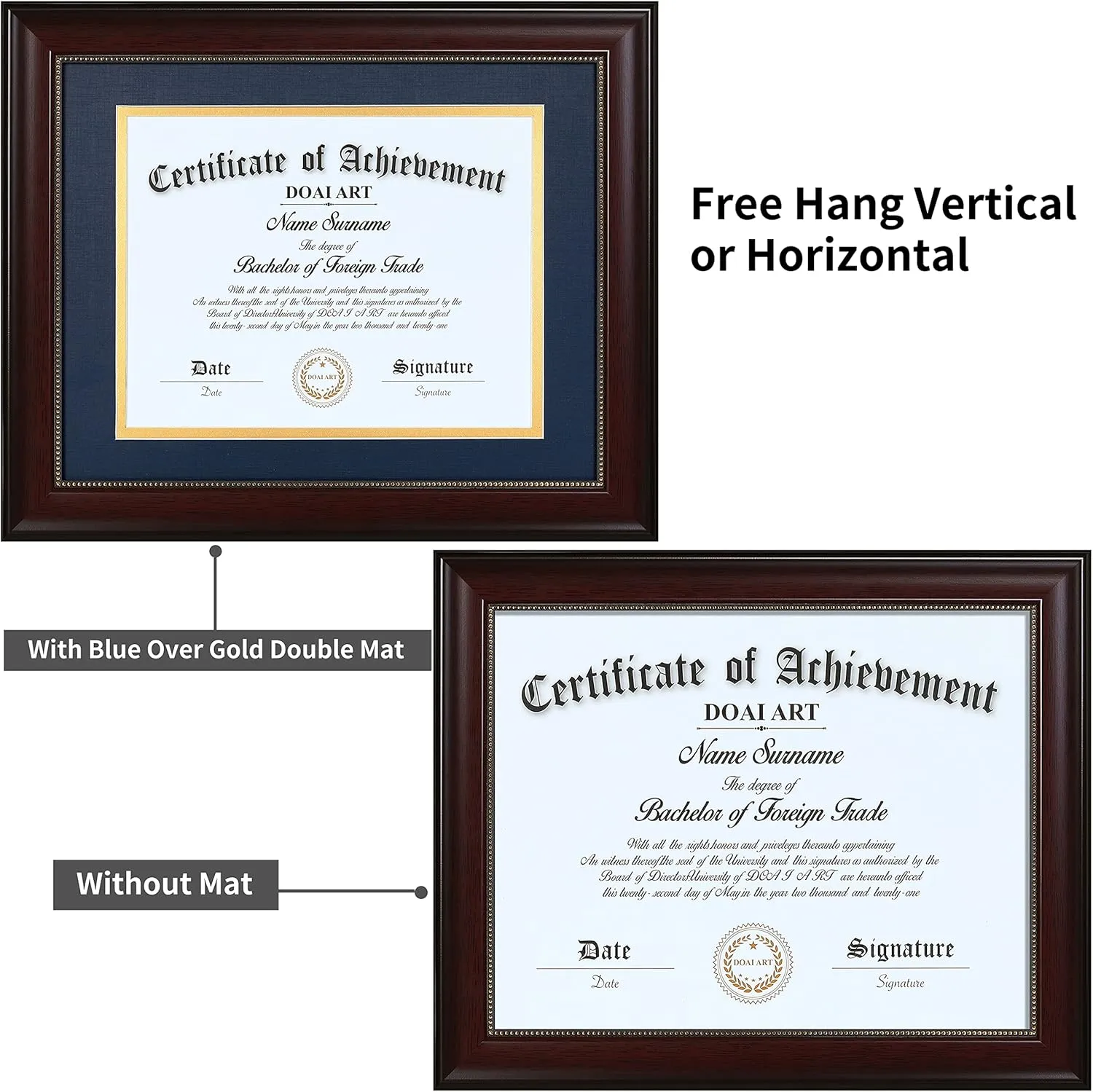 DOAI ART 8.5 x 11 Diploma Frame Classic Mahogany Display 8.5x11-inch with Blue Over Gold Mat or 11x14 Document &Certificate Without Mat,Wide Molding, Gold Beads Hanging Hardware Included, Tabletop