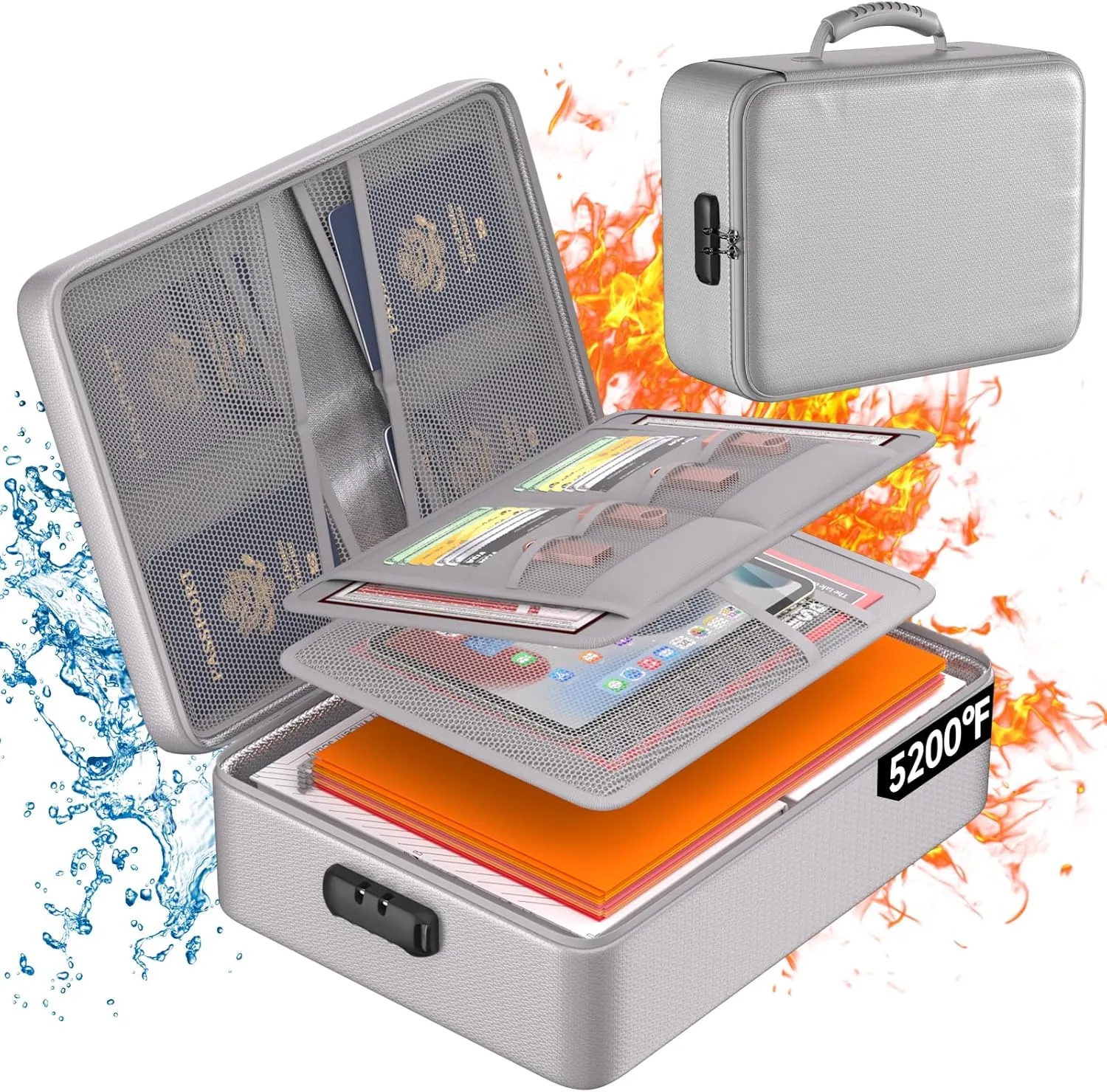 DocSafe 5200°F Document Organizer with Lock,Upgraded Heat Insulated Fireproof＆Waterproof Box 8 Layers File Organizer,Portable Home Travel Safe Storage for Important Documents, Files,Silver (Soft)
