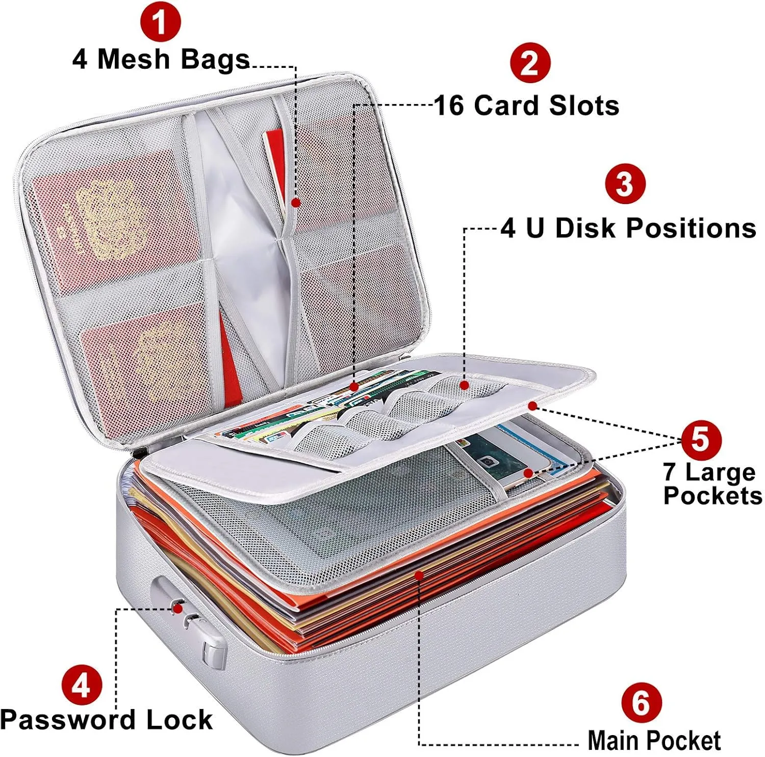 DocSafe Document Bag with Lock,Fireproof 3-Layer File Organizer Case with Water-Resistant Zipper,Document Storage Safe Bag Portable Travel Home for Paper,Files,Certificates,Gifts for Him,Silver