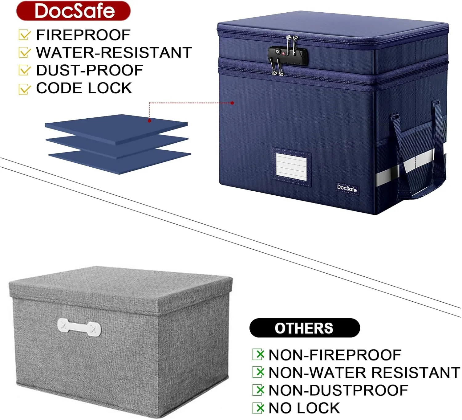 DocSafe File Box with Lock,Multi-Layer Fireproof Document Box Collapsible File Storage Organizer with Pockets/Handle,Large Portable Home Office Filing Safe for Hanging Letter/Legal Size Folders,Blue