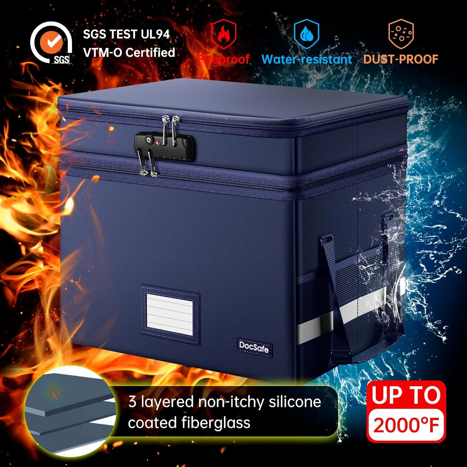 DocSafe File Box with Lock,Multi-Layer Fireproof Document Box Collapsible File Storage Organizer with Pockets/Handle,Large Portable Home Office Filing Safe for Hanging Letter/Legal Size Folders,Blue