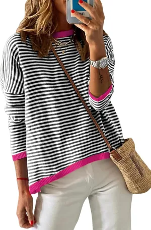 Dokotoo Long Sleeve Shirts for Women Casual Spring Crewneck Striped Color Block Shirt High Low Pullover Sweater Tops