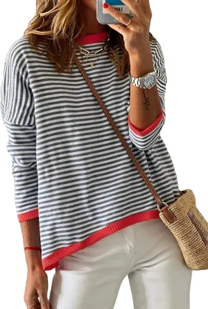 Dokotoo Long Sleeve Shirts for Women Casual Spring Crewneck Striped Color Block Shirt High Low Pullover Sweater Tops
