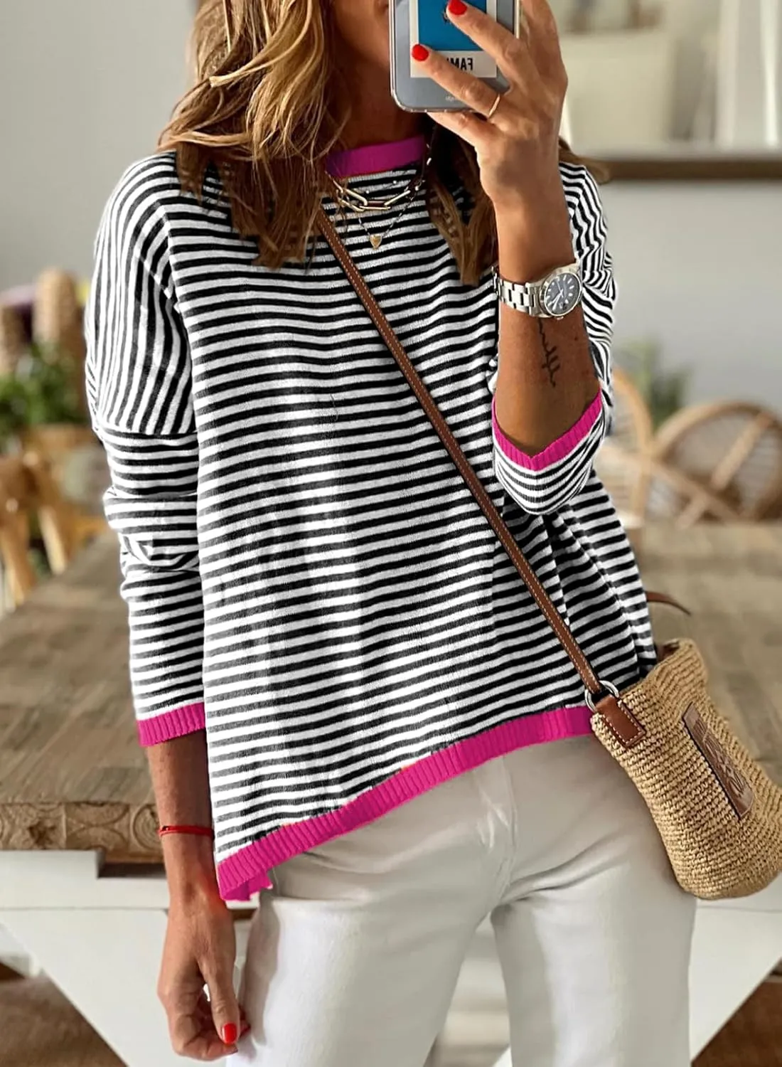 Dokotoo Long Sleeve Shirts for Women Casual Spring Crewneck Striped Color Block Shirt High Low Pullover Sweater Tops