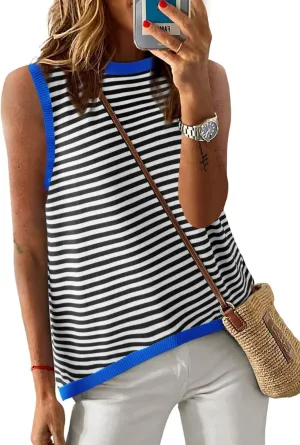 Dokotoo Womens Summer Tops 2025 Casual Striped Color Block High Neck Tank Top Loose Knit High Low Sleeveless Shirts Blouses