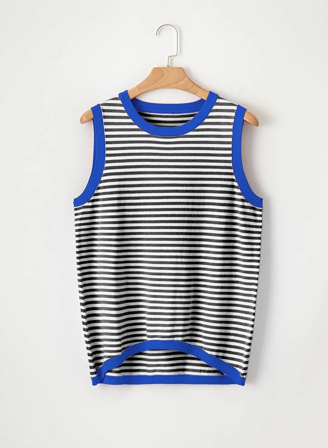 Dokotoo Womens Summer Tops 2025 Casual Striped Color Block High Neck Tank Top Loose Knit High Low Sleeveless Shirts Blouses