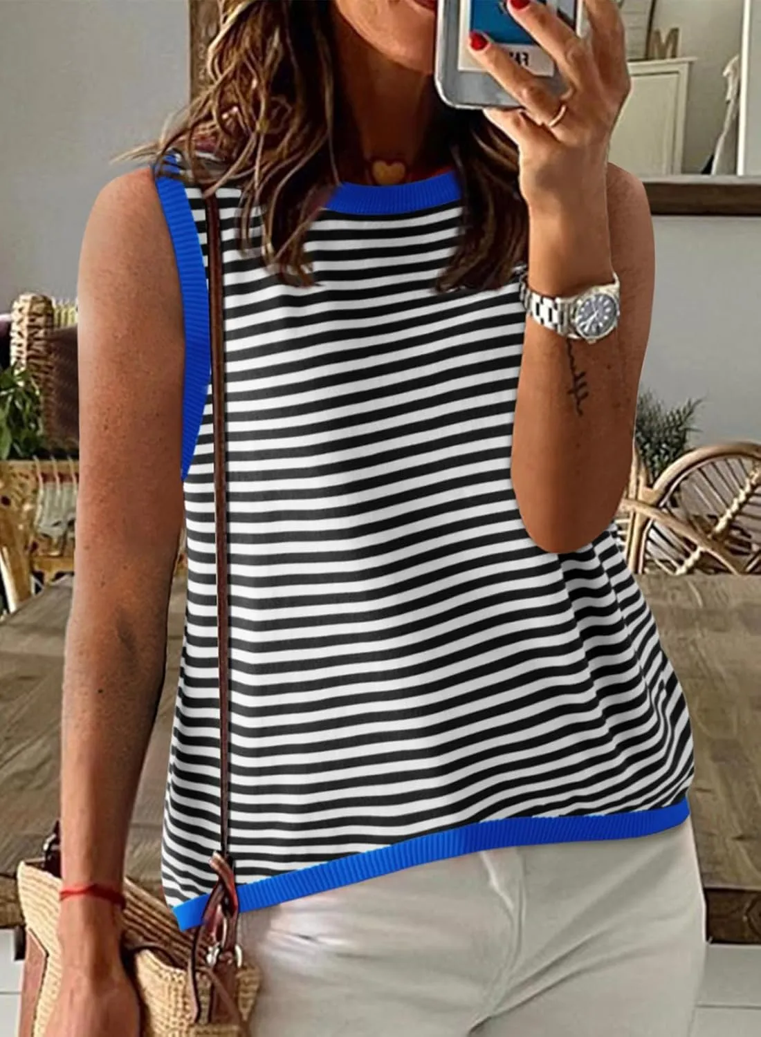 Dokotoo Womens Summer Tops 2025 Casual Striped Color Block High Neck Tank Top Loose Knit High Low Sleeveless Shirts Blouses
