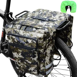 Double Bike Pannier Bag, 30L Waterproof Bicycle Trunk Bag with Rain Cover, Bike Panniers Rear Rack Bag with Reflective Stripe, Multi Pockets Saddle Bags for Bicycle (Camouflage)