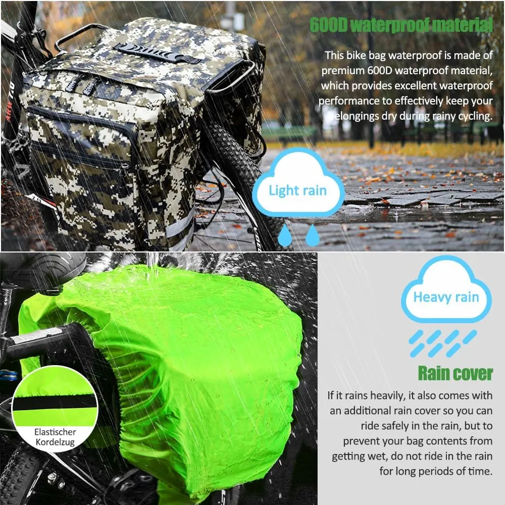 Double Bike Pannier Bag, 30L Waterproof Bicycle Trunk Bag with Rain Cover, Bike Panniers Rear Rack Bag with Reflective Stripe, Multi Pockets Saddle Bags for Bicycle (Camouflage)