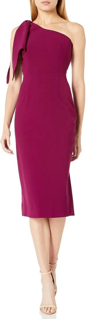 Dress the Population Women's Tiffany One Shoulder Bow Detail Midi Sheath Dress