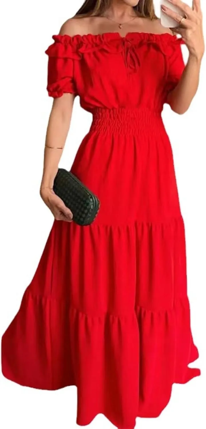 Dress with Puffed Sleeves Fashionable Lacing Halter Neckline Pure Color Large Skirt with Lotus Leaf Edge