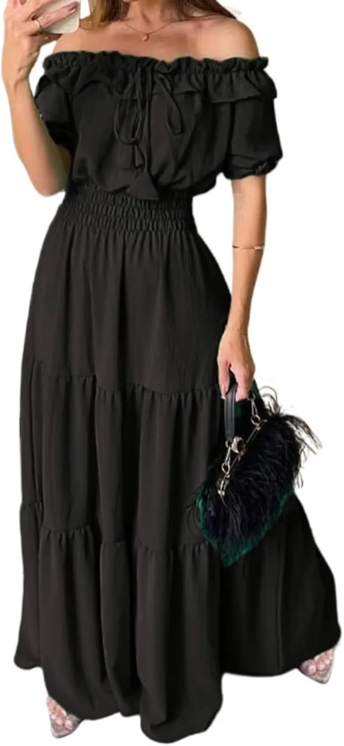 Dress with Puffed Sleeves Fashionable Lacing Halter Neckline Pure Color Large Skirt with Lotus Leaf Edge