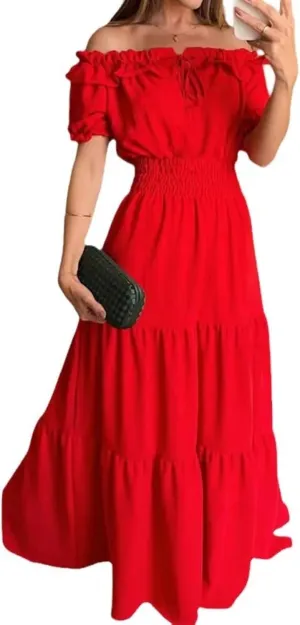 Dress with Puffed Sleeves Fashionable Lacing Halter Neckline Pure Color Large Skirt with Lotus Leaf Edge