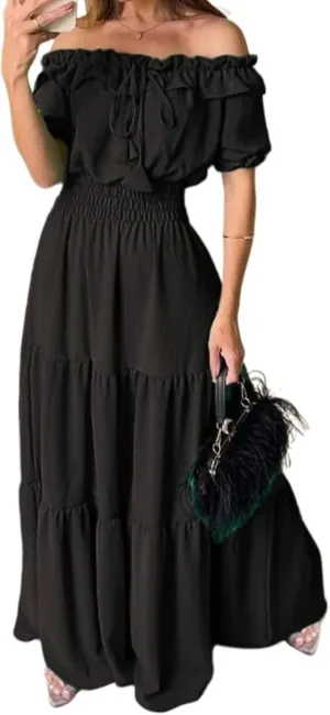 Dress with Puffed Sleeves Fashionable Lacing Halter Neckline Pure Color Large Skirt with Lotus Leaf Edge