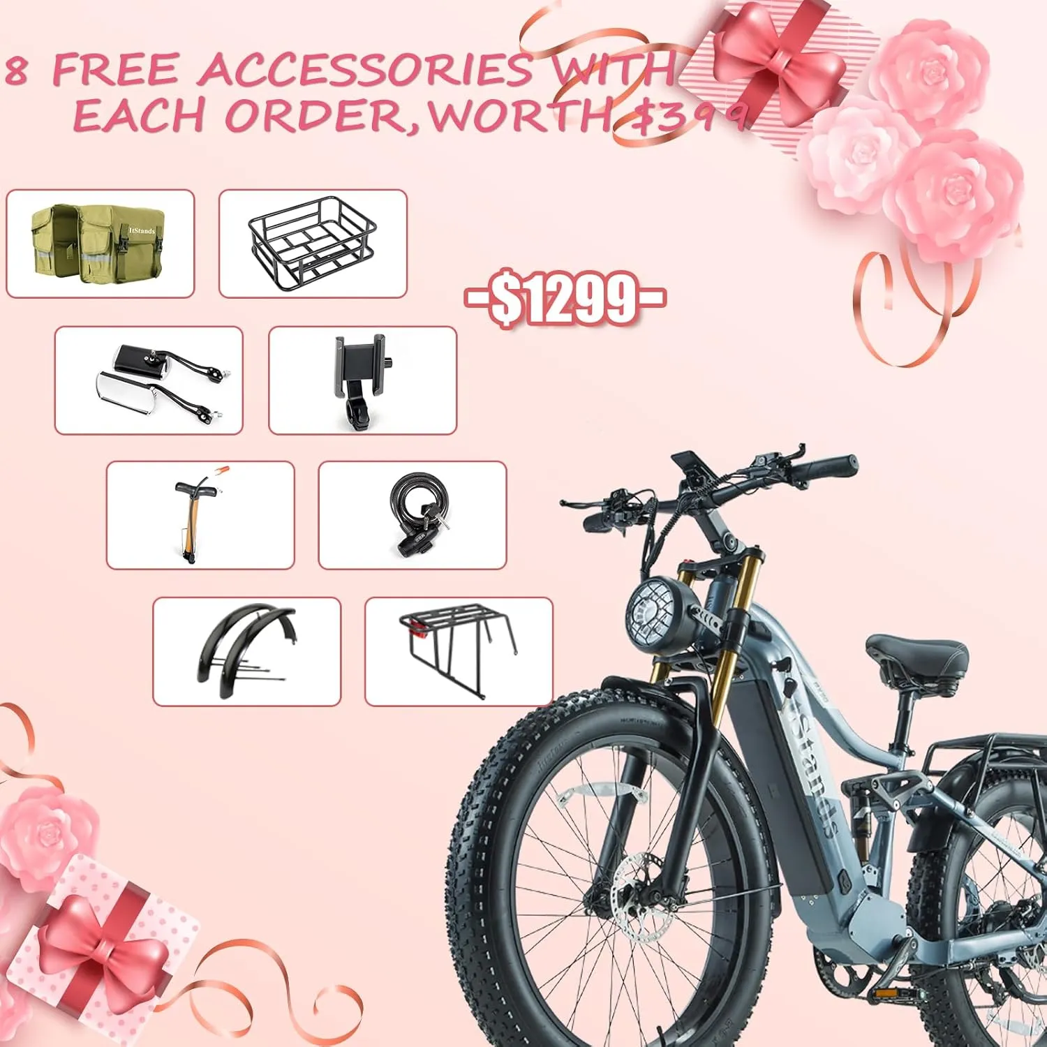 Dual Motor 2000W/1000W Electric Bike for Adult 48V 30AH/20Ah Removable Battery Up to &120 Miles Long Range 26"Fat Tire Off Road Mountain Full Suspension Electric Bicycle,Adjustable Stem,UL Certified