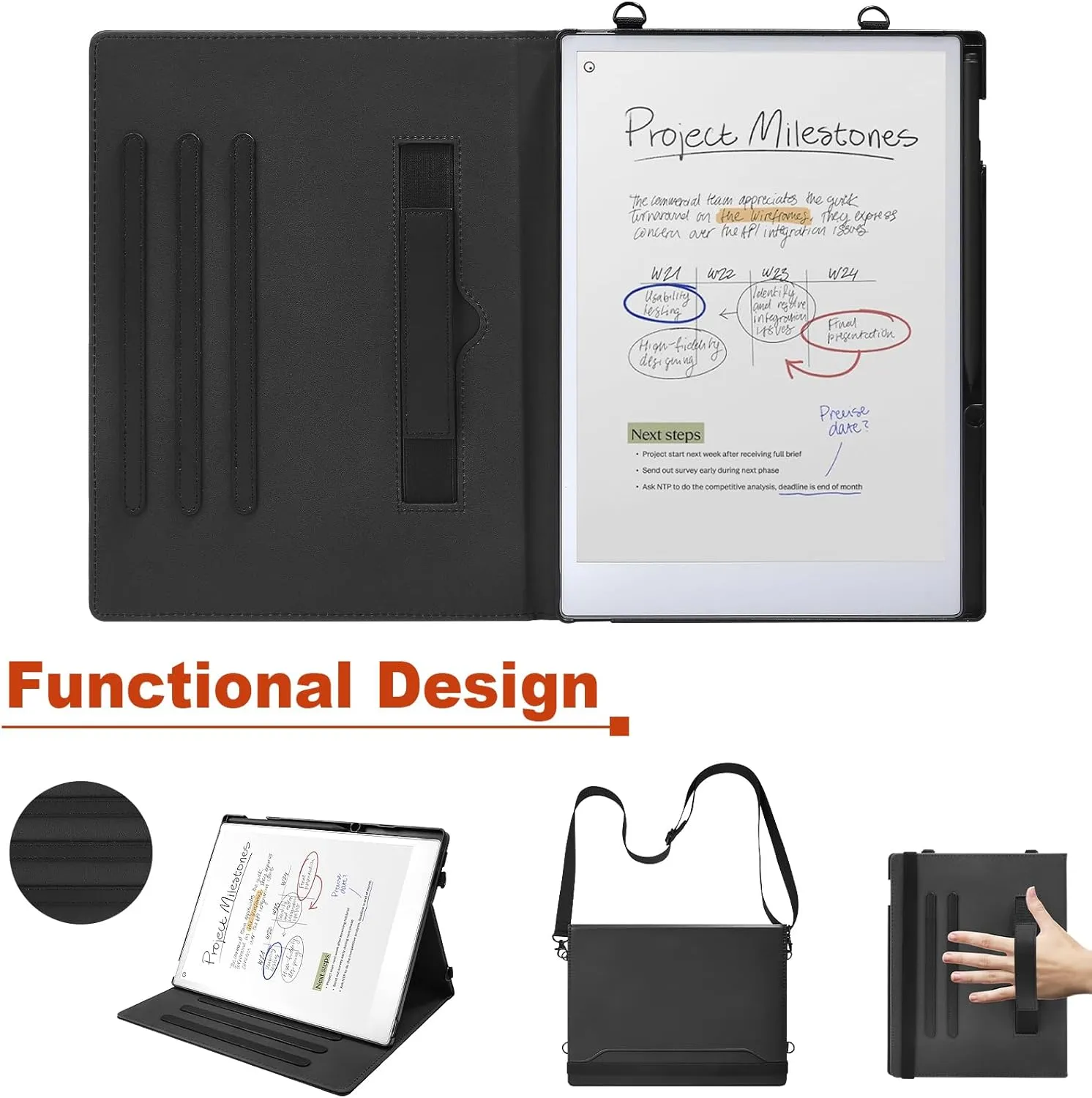 E NET-CASE Case for Remarkable Paper Pro, 360 Degree Rotating Stand Cover with Pen Holder/Hand Strap/Carrying Shoulder Strap & Auto Sleep/Wake for Remarkable Paper Pro 11.8" 2024 Released (Black)