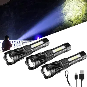 Earrck Outdoor Strong Light Flashlight Usb Rechargeable 1500 Lumens, Earc Strong Light Flashlight, Led Flashlights High Lumens, Flash Lights For Camping, Waterproof, Zoomable (3pcs)