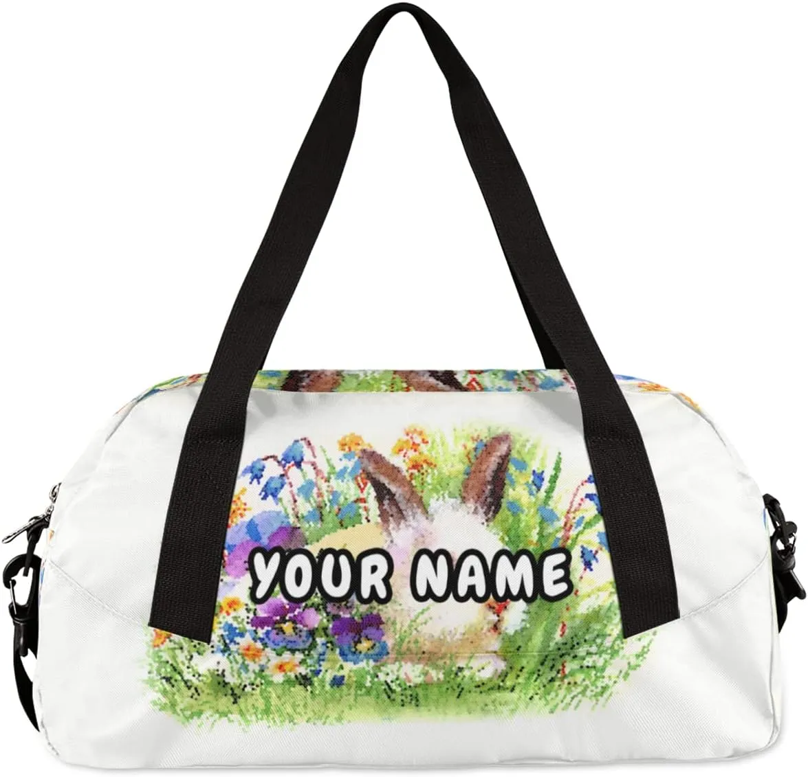 Easter Rabbit Flower Personalized Kids Duffel Bag for Girls Boys, Rabbit Custom Dance Bag Overnight Small Duffel Bag Carry On Weekend Sports Travel Bag for School Practice Gymnastics Ballet