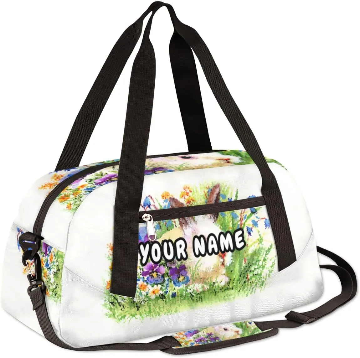 Easter Rabbit Flower Personalized Kids Duffel Bag for Girls Boys, Rabbit Custom Dance Bag Overnight Small Duffel Bag Carry On Weekend Sports Travel Bag for School Practice Gymnastics Ballet