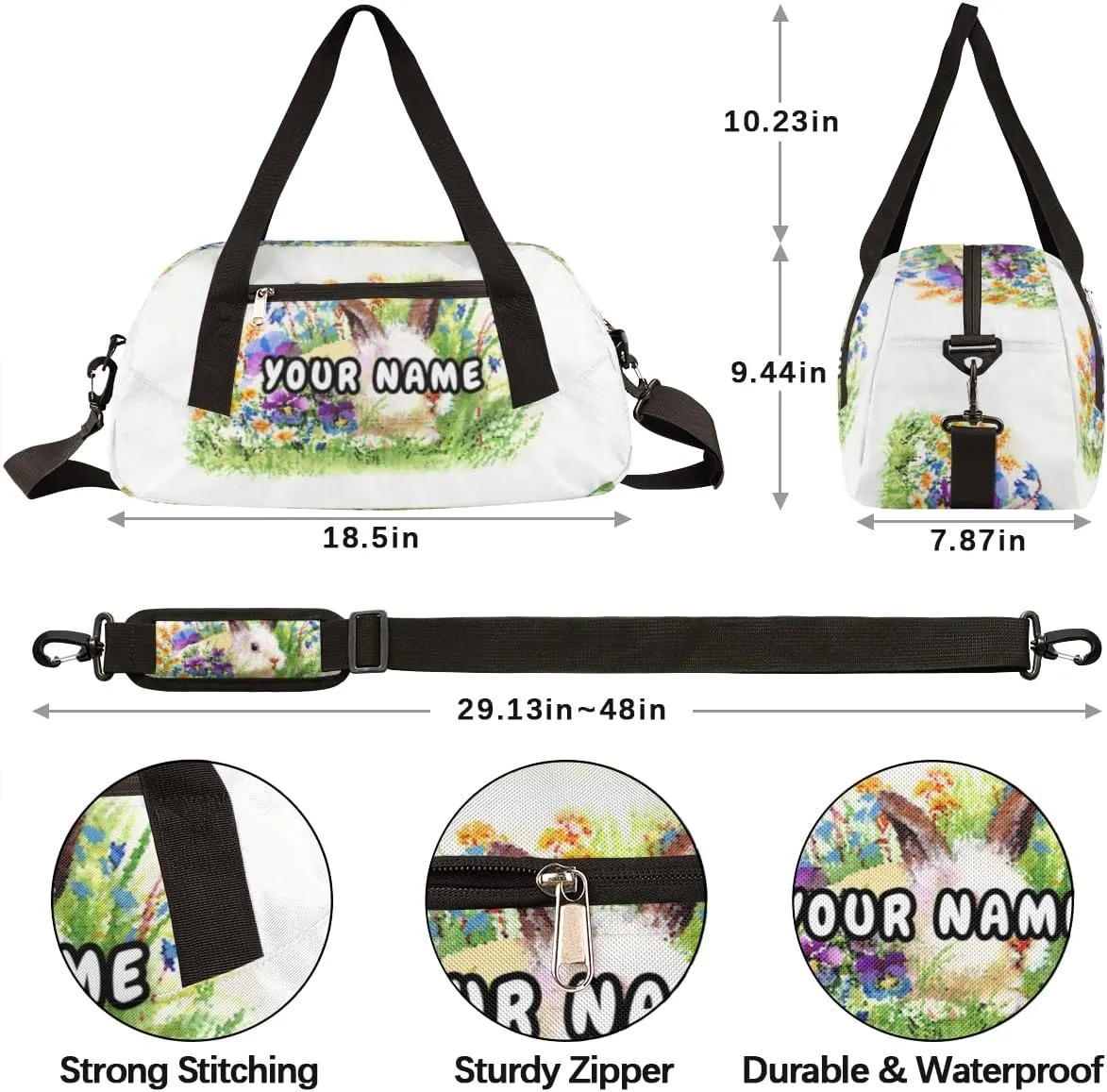 Easter Rabbit Flower Personalized Kids Duffel Bag for Girls Boys, Rabbit Custom Dance Bag Overnight Small Duffel Bag Carry On Weekend Sports Travel Bag for School Practice Gymnastics Ballet