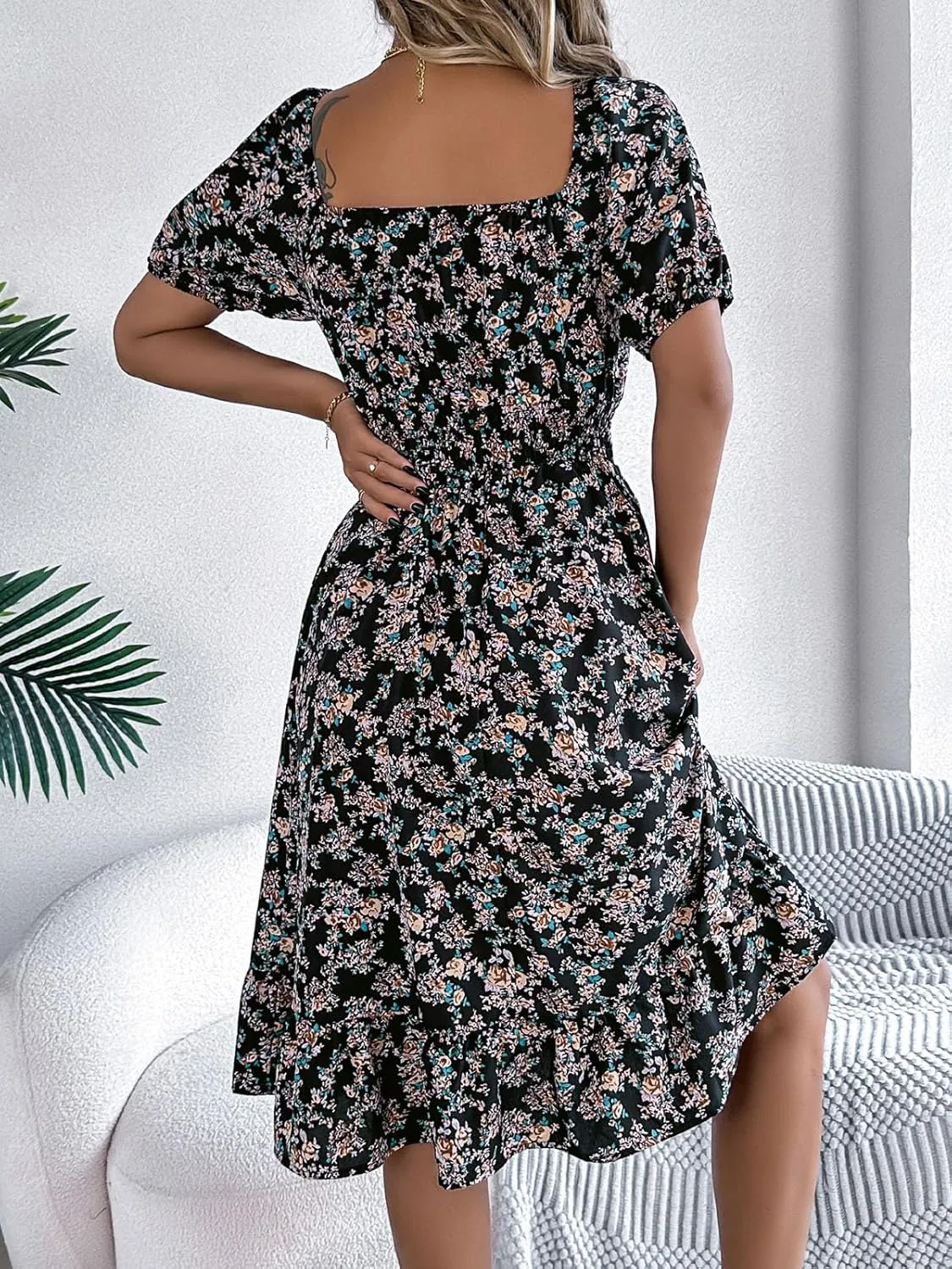 ebossy Women's Boho Summer Floral Dress Elastic High Waist Puff Sleeve Pleated Beach Party Mid Long Sundress