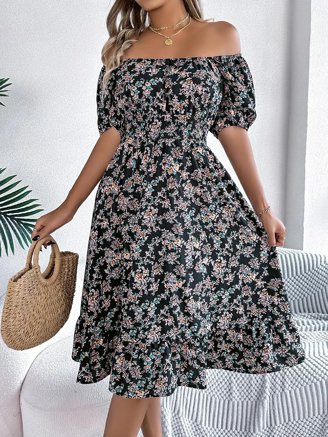 ebossy Women's Boho Summer Floral Dress Elastic High Waist Puff Sleeve Pleated Beach Party Mid Long Sundress