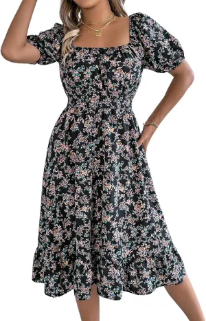 ebossy Women's Boho Summer Floral Dress Elastic High Waist Puff Sleeve Pleated Beach Party Mid Long Sundress