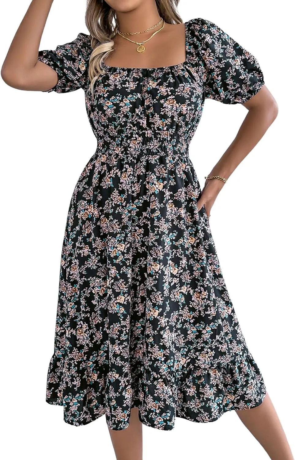 ebossy Women's Boho Summer Floral Dress Elastic High Waist Puff Sleeve Pleated Beach Party Mid Long Sundress