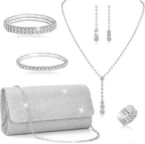 EIELO Purse Rhinestone Bridal Jewelry Sets for Women Clutch Purse Necklace Earrings Bracelet Jewelry Sets for Wedding Bridal Bridesmaid Gifts Evening Party Prom Jewelry Set