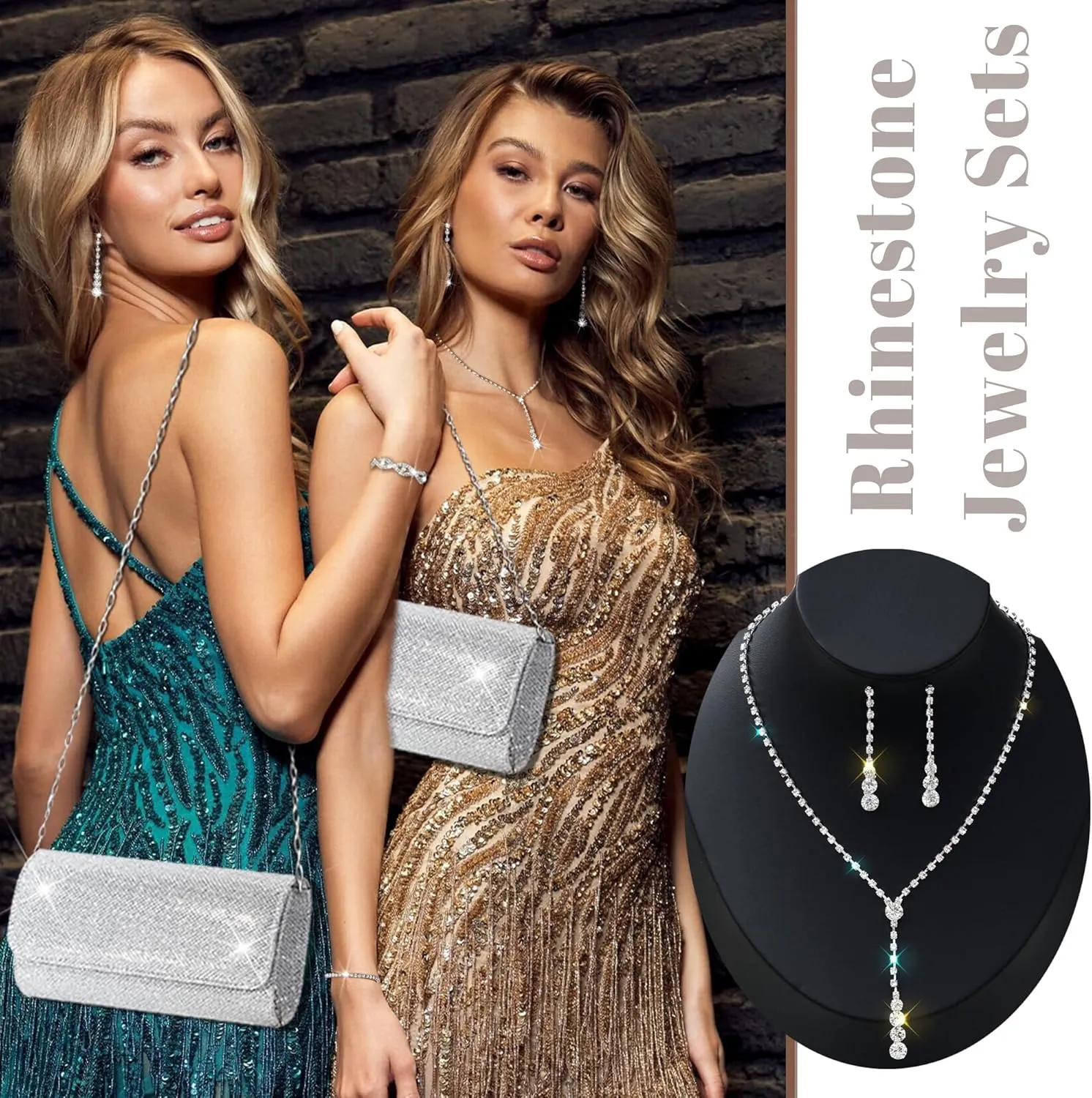 EIELO Purse Rhinestone Bridal Jewelry Sets for Women Clutch Purse Necklace Earrings Bracelet Jewelry Sets for Wedding Bridal Bridesmaid Gifts Evening Party Prom Jewelry Set