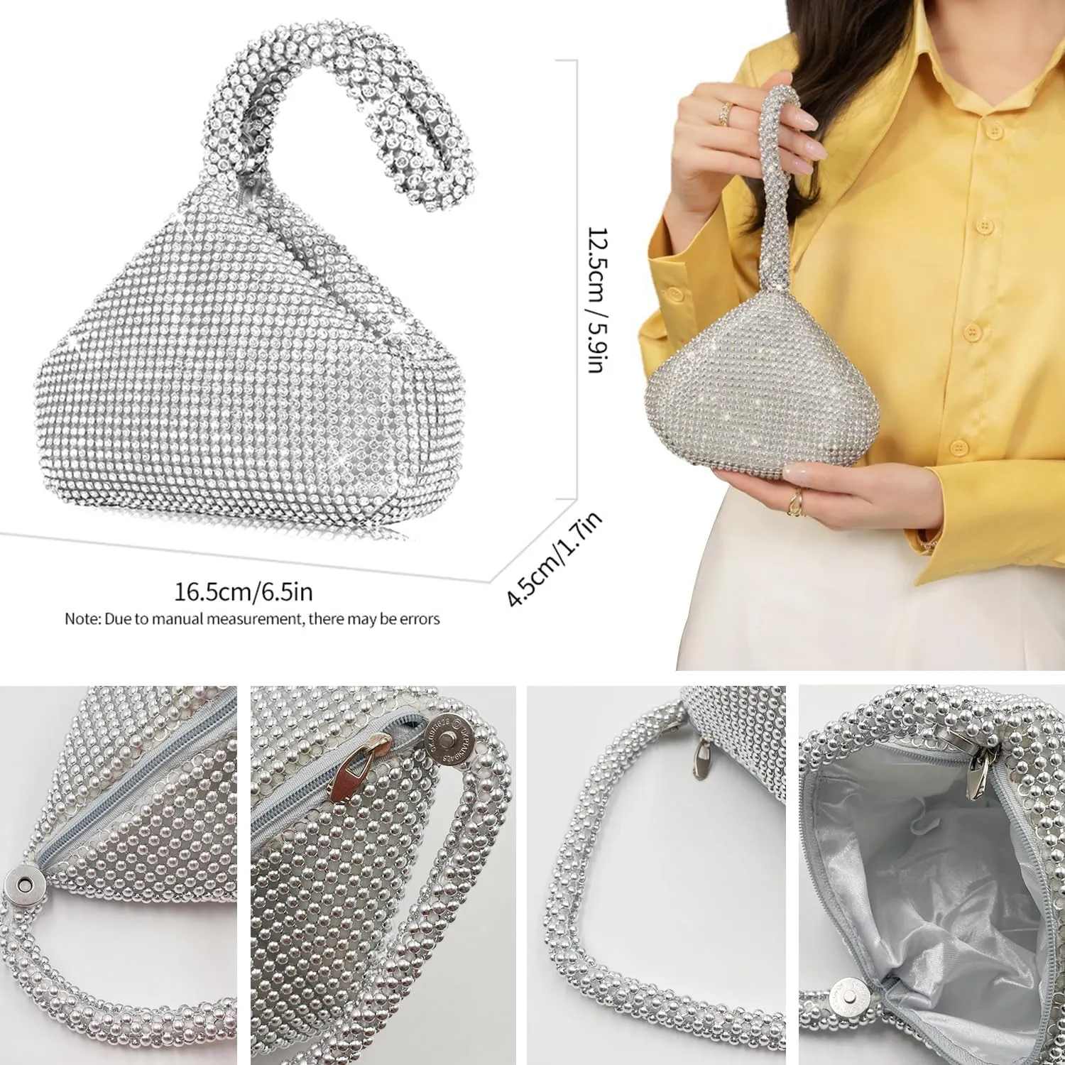 EIELO Rhinestone Jewelry Set for Women Wedding Bridal Triangle Clutch Bag Silver Clutch Purse Glitter Choker Necklace Tennis Stretch Bracelets Ring Dangle Fringe Earrings Set