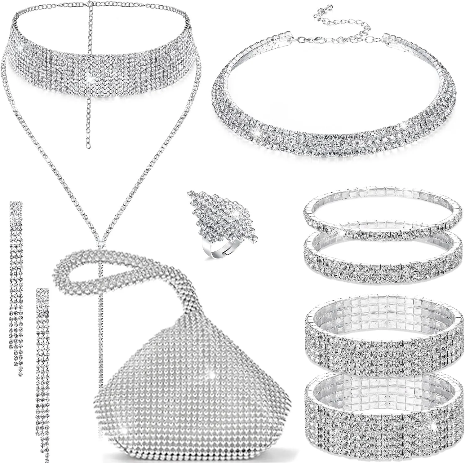 EIELO Rhinestone Jewelry Set for Women Wedding Bridal Triangle Clutch Bag Silver Clutch Purse Glitter Choker Necklace Tennis Stretch Bracelets Ring Dangle Fringe Earrings Set