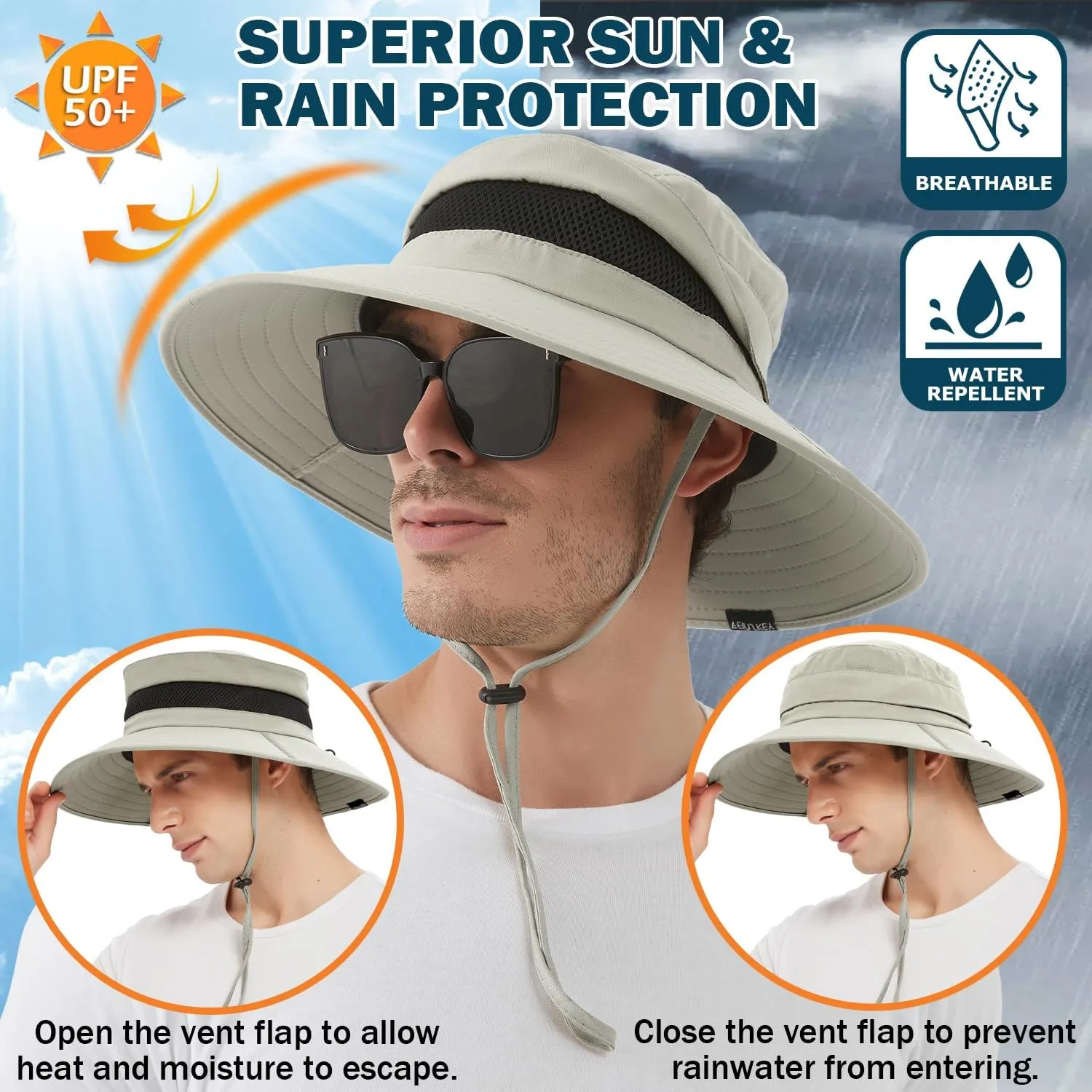 EINSKEY Waterproof Sun Hat for Men Women, UPF 50  UV Protection Wide Brim Packable Hat for Fishing Hiking Garden Safari Beach