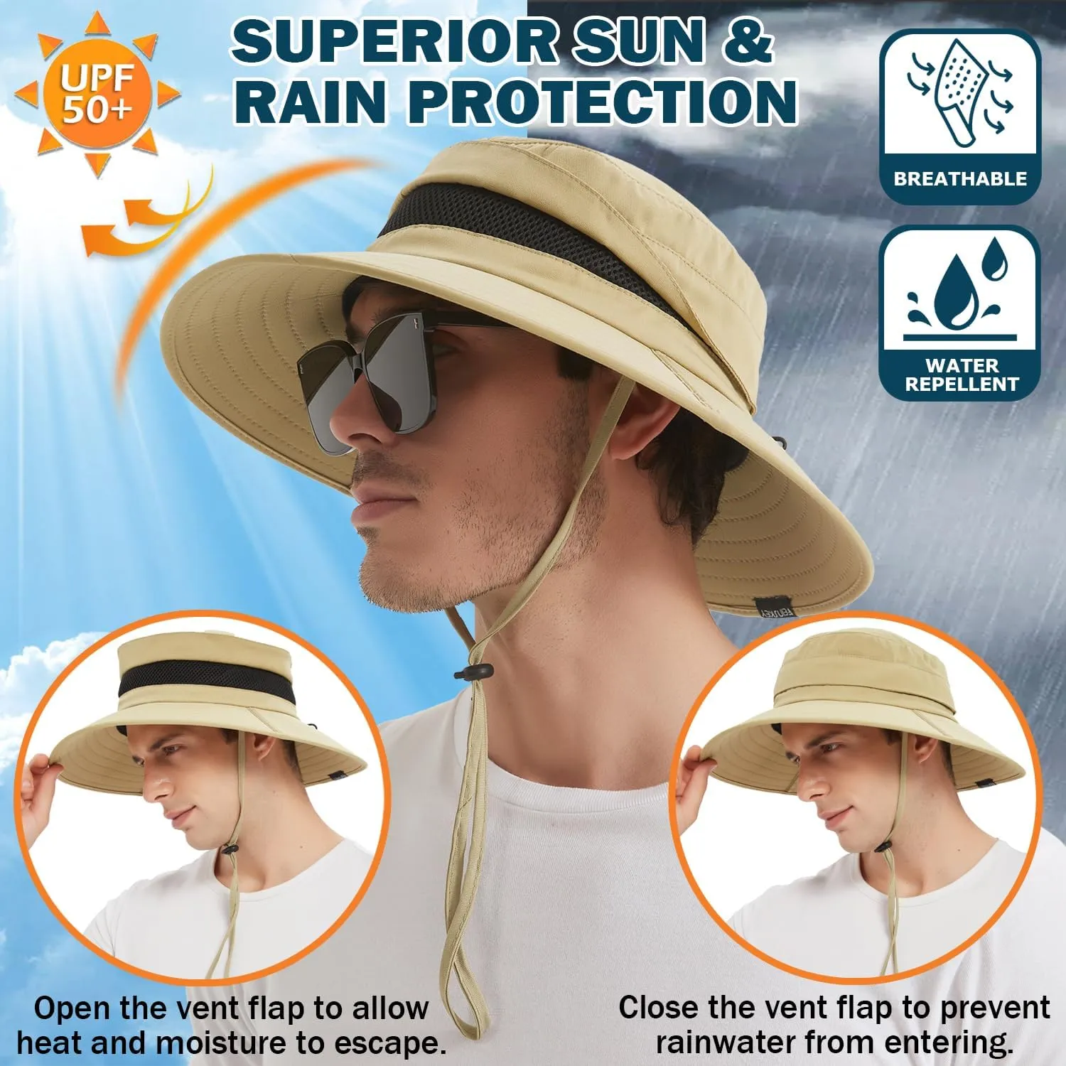 EINSKEY Waterproof Sun Hat for Men Women, UPF 50  UV Protection Wide Brim Packable Hat for Fishing Hiking Garden Safari Beach