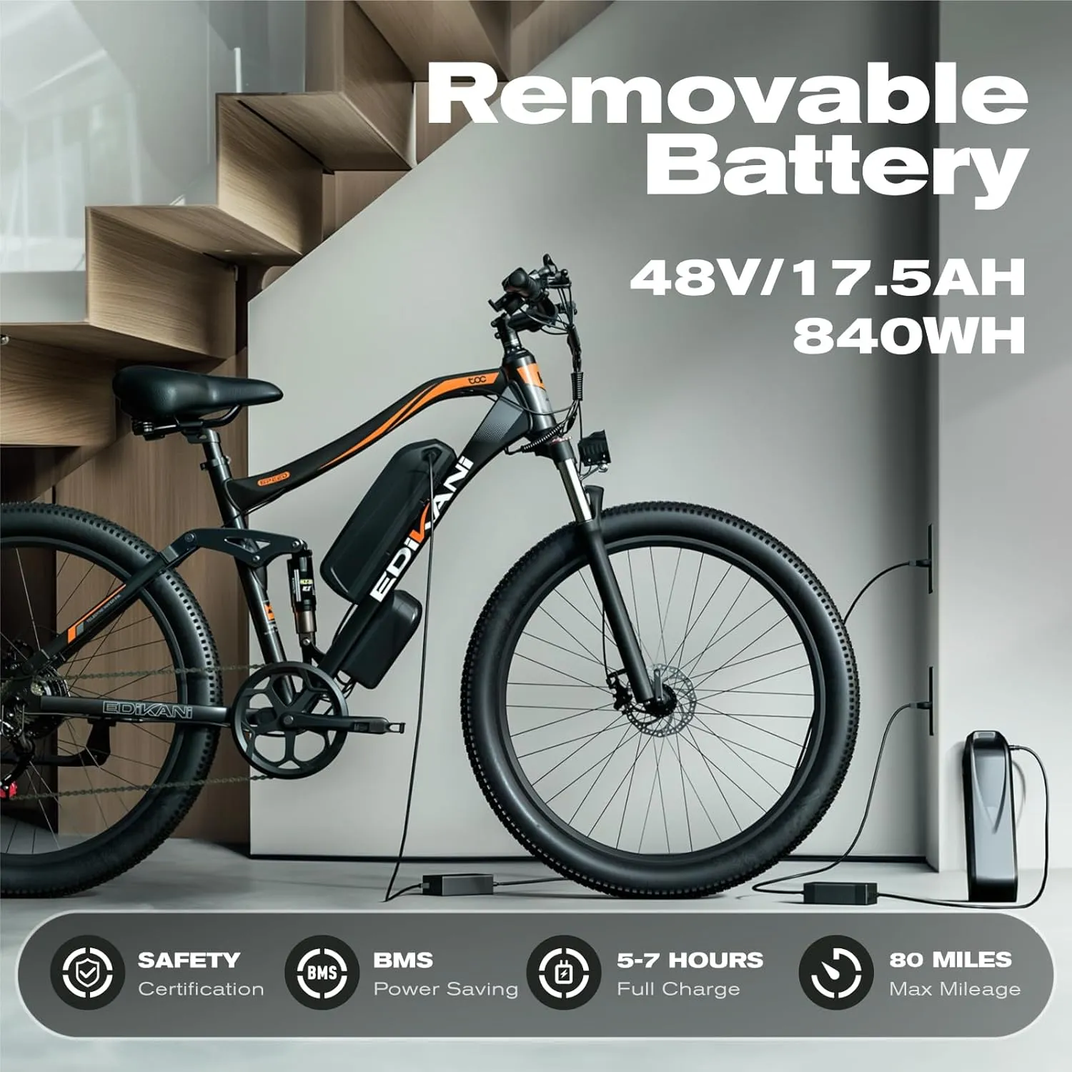 Electric Bike 17.5AH Peak 1500W 27.5" Ebike for Adults 32Mph 80 Miles Electric Mountain Bicycle for Men 7 Speed Gears Full Suspension System Dual Disc Brakes E-Bike