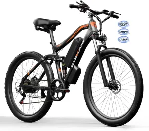 Electric Bike 17.5AH Peak 1500W 27.5" Ebike for Adults 32Mph 80 Miles Electric Mountain Bicycle for Men 7 Speed Gears Full Suspension System Dual Disc Brakes E-Bike