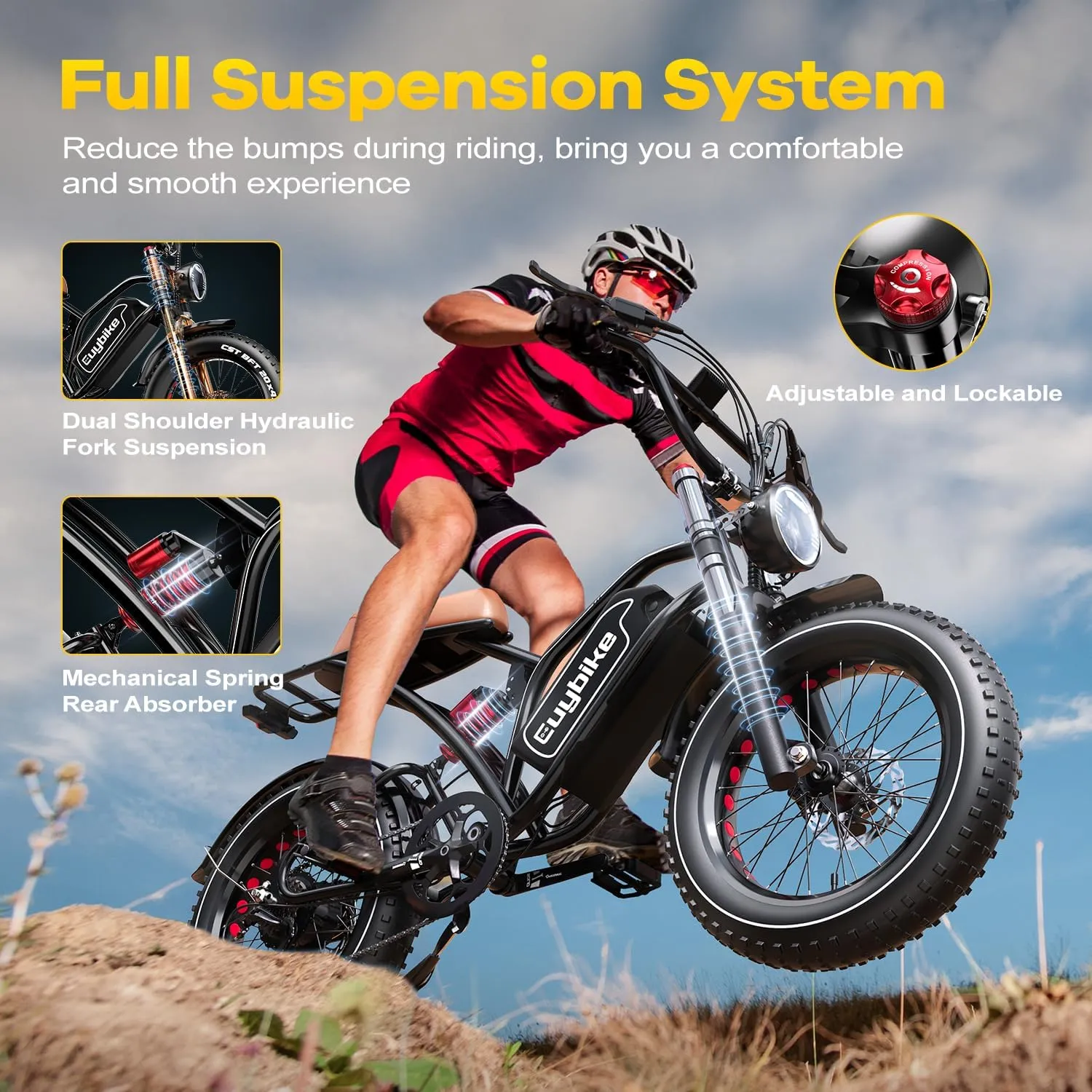 Electric Bike for Adults, 2000W/3000W Peak Single/Double Motor with 48V/52V 25AH/30AH Battery, 20"x4.0" Fat Tires 35MPH/37MPH Ebike, Dual Hydraulic Disc Brake Full Suspension Electric Bicycle