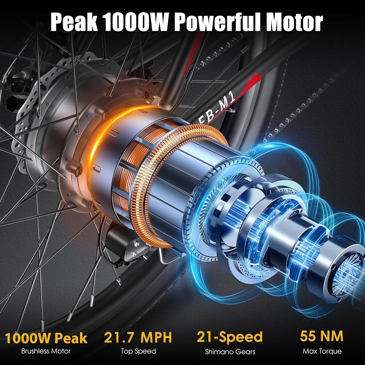 Electric Bike for Adults, Peak 1000W Ebike, 50Miles 21.7MPH Adult Electric Bicycles, 26" Electric Mountain Bike 48V 374.4WH Battery, Commuter E Bike with Adjustable Stem, Fenders, 21 Speed