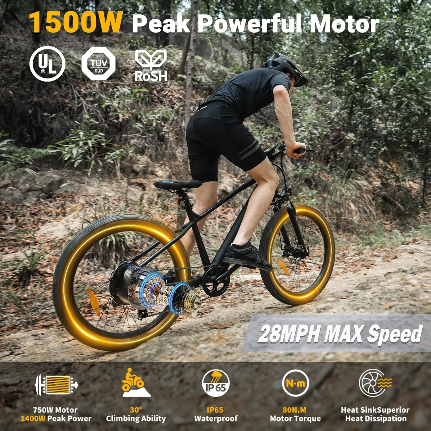 Electric Bike for Adults1500W Peak Motor,720Wh Removable Battery Ebike, 28MPH 72 Miles Range Electric Mountain Bike, 26” Fat Tire E-MTB with Hydraulic Suspension Shock Absorber, UL2849 Certified